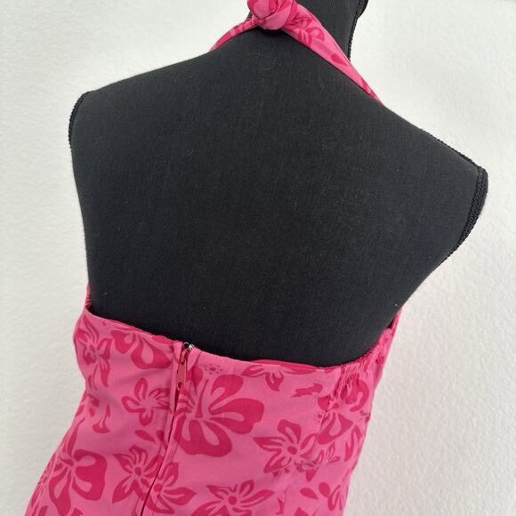 Vintage Y2K PInk Halter Floral Print Mini Dress Sz Large Juniors 11/13 Hibiscus - Picture 5 of 10